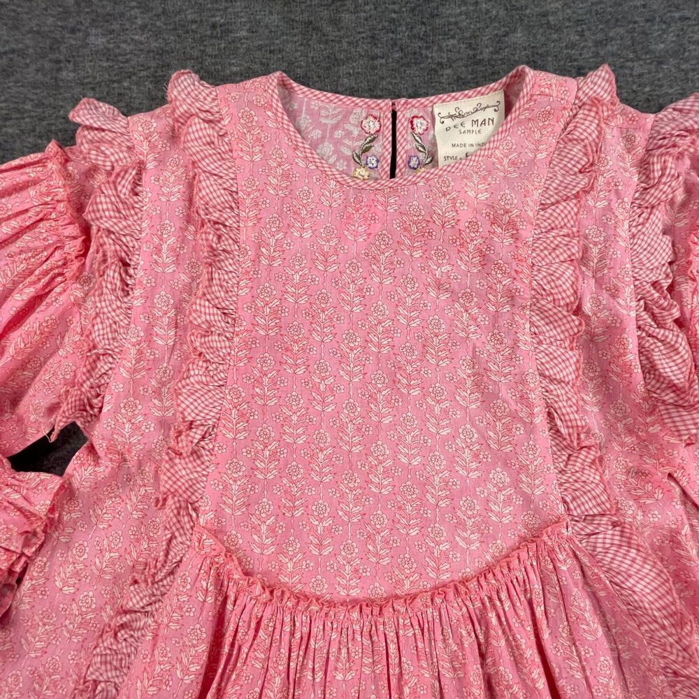 Dee Man India Sample Floral Gingham Ruffle Blouse Embroidered Back Boho S OOAK - Picture 3 of 10